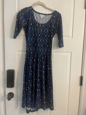 LuLaRoe Nicole Dress XS Blue Yellow Aztec Ikat Fit Flare Half Sleeve NWOT Print